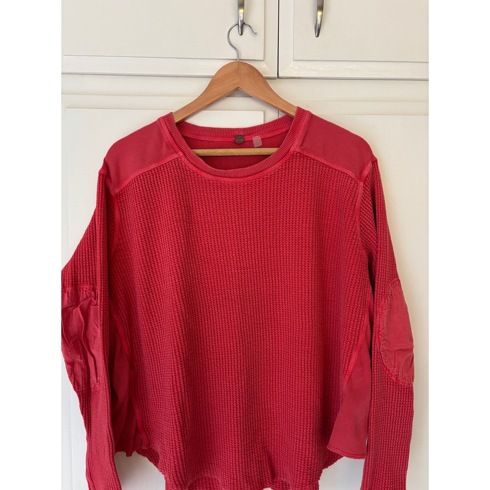 Free People FP One Rich Red Waffle Knit Thermal Mixed Media Top Long Sleeve XL - Picture 2 of 11